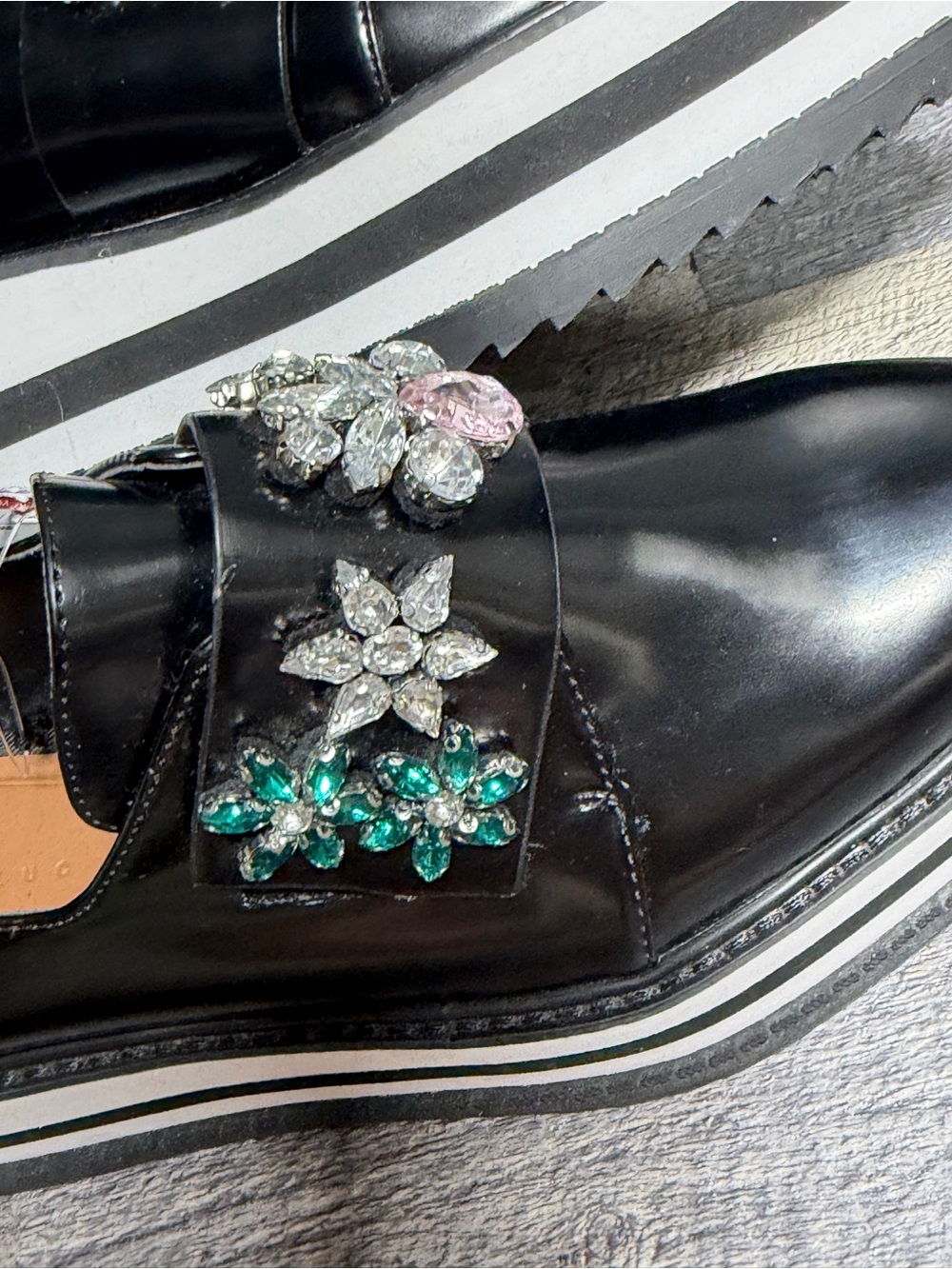 Zara Trafaluc Jeweled Platform Loafers Black Rhinestone Floral Shoes EU 39 US 8 - Picture 12 of 14